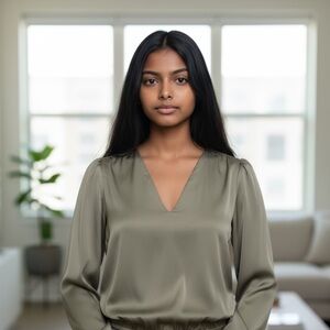 Olive Green Long Sleeve V-Neck Blouse – Chic & Versatile